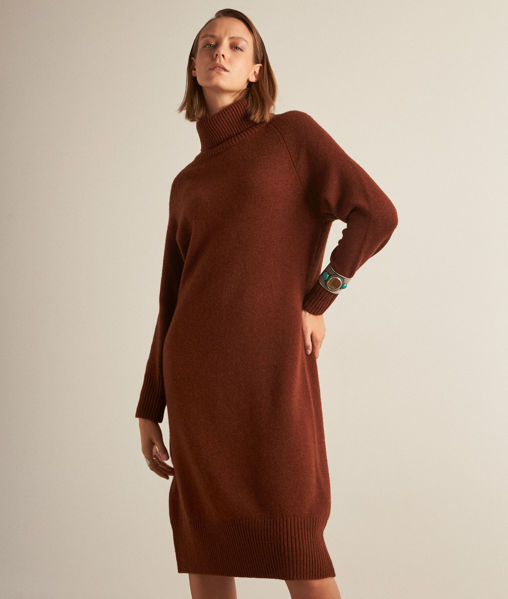 Picture of HOLLY CHOCOLATE POLO-NECK RESPONSIBLE WOOL JUMPER DRESS